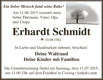 Traueranzeige von Erhardt Schmidt von WVG - Wochenspiegel Dessau / Köthen