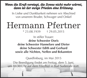 Traueranzeige von Hermann Pfertner von WVG - Wochenspiegel Quedlinburg