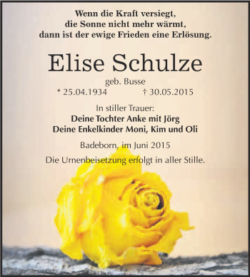 Traueranzeige von Elise Schulze von WVG - Wochenspiegel Quedlinburg