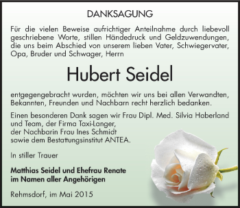 Traueranzeige von Hubert Seidel von Mitteldeutsche Zeitung Zeitz