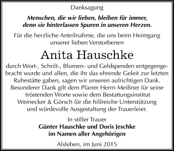 Traueranzeige von Anita Hauschke von Mitteldeutsche Zeitung Bernburg