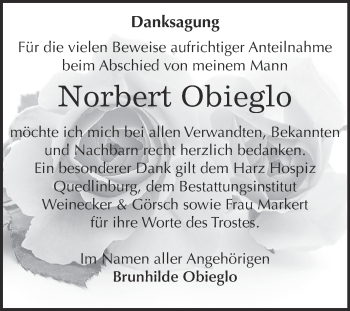 Traueranzeige von Norbert Obieglo von Super Sonntag Bernburg