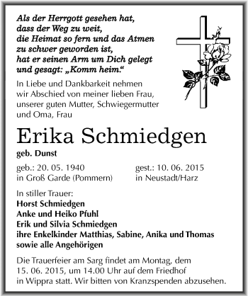 Traueranzeige von Erika Schmiedgen von Mitteldeutsche Zeitung Mansfelder Land
