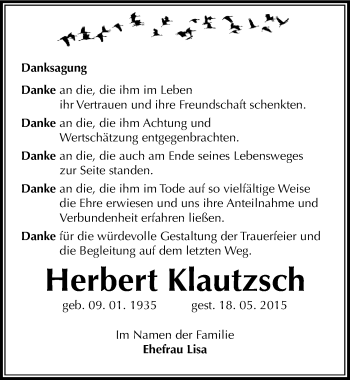 Traueranzeige von Herbert Klautzsch von Mitteldeutsche Zeitung Wittenberg