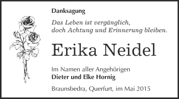 Traueranzeige von Erika Neidel von WVG - Wochenspiegel Merseburg