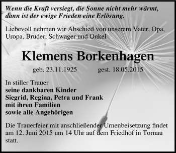 Traueranzeige von Klemens Borkenhagen von Mitteldeutsche Zeitung Wittenberg