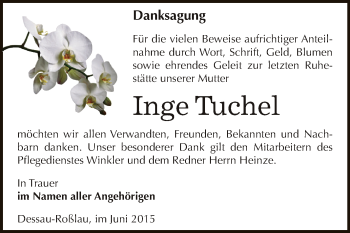 Traueranzeige von Inge Tuchel von WVG - Wochenspiegel Dessau / Köthen