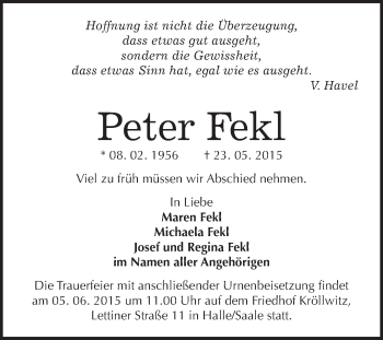 Traueranzeige von Peter Fekl von WVG - Wochenspiegel NMB / WSF / ZTZ