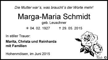 Traueranzeige von Marga-Maria Schmidt von WVG - Wochenspiegel NMB / WSF / ZTZ