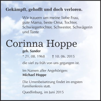 Traueranzeige von Corinna Hoppe von WVG - Wochenspiegel Quedlinburg