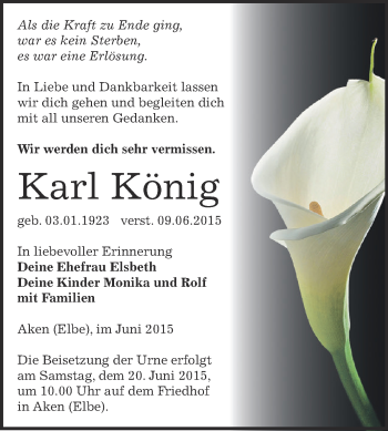 Traueranzeige von Karl König von WVG - Wochenspiegel Dessau / Köthen