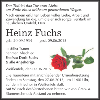 Traueranzeige von Heinz Fuchs von WVG - Wochenspiegel NMB / WSF / ZTZ
