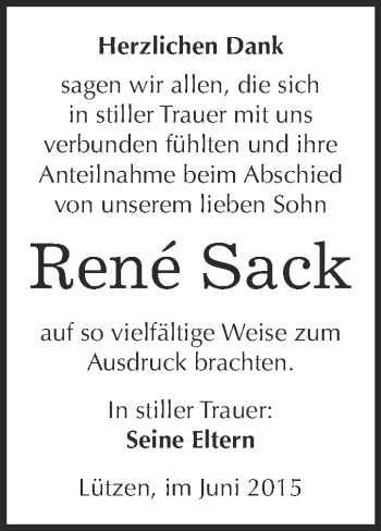 Traueranzeige von René Sack von WVG - Wochenspiegel NMB / WSF / ZTZ