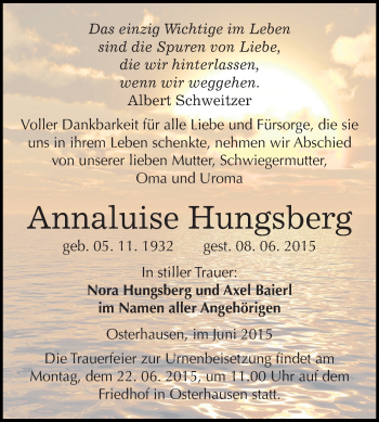 Traueranzeige von Annaluise Hungsberg von Wochenspiegel Mansfelder Land
