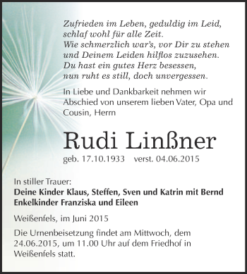 Traueranzeige von Rudi Linßner von WVG - Wochenspiegel NMB / WSF / ZTZ