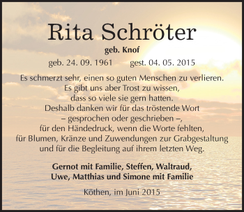 Traueranzeige von Rita Schröter von Mitteldeutsche Zeitung Köthen