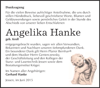 Traueranzeige von Angelika Hanke von WVG - Wochenspiegel Wittenberg