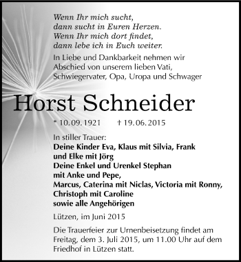Traueranzeige von Horst Schneider von Mitteldeutsche Zeitung Weißenfels