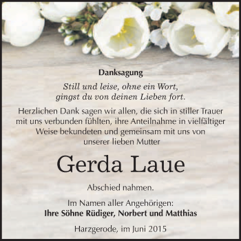 Traueranzeige von Gerda Laue von WVG - Wochenspiegel Quedlinburg