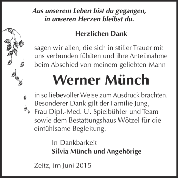 Traueranzeige von Werner Münch von Super Sonntag Zeitz