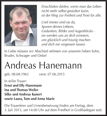 Traueranzeige von Andreas Hanemann von Mitteldeutsche Zeitung Köthen