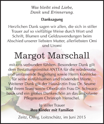 Traueranzeige von Margot Marschall von Mitteldeutsche Zeitung Zeitz