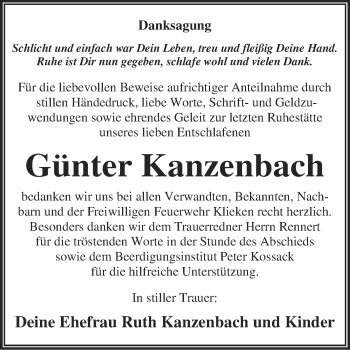 Traueranzeige von Günter Kanzenbach von WVG - Wochenspiegel Dessau / Köthen