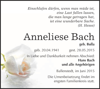 Traueranzeige von Anneliese Bach von WVG - Wochenspiegel Quedlinburg