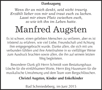 Traueranzeige von Manfred Augsten von WVG - Wochenspiegel Wittenberg