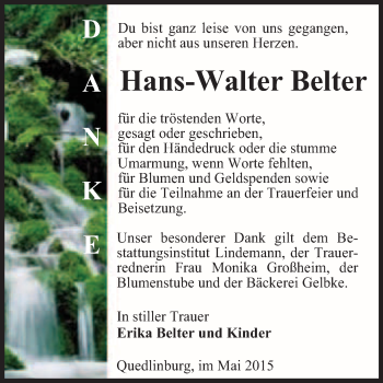Traueranzeige von Hans-Walter Belter von Super Sonntag Quedlinburg