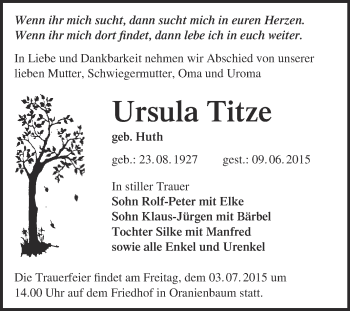Traueranzeige von Ursula Titze von Super Sonntag Wittenberg