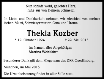 Traueranzeige von Thekla Kozber von Mitteldeutsche Zeitung Quedlinburg