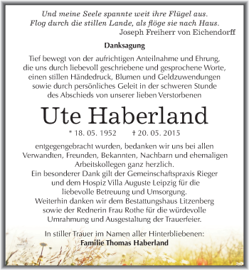 Traueranzeige von Ute Haberland von Mitteldeutsche Zeitung Mansfelder Land