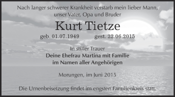 Traueranzeige von Kurt Tietze von Super Sonntag SGH Mansf. Land