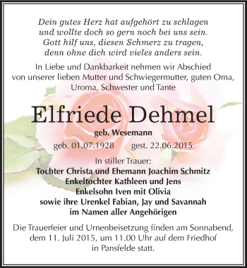 Traueranzeige von Elfriede Dehmel von Mitteldeutsche Zeitung Quedlinburg