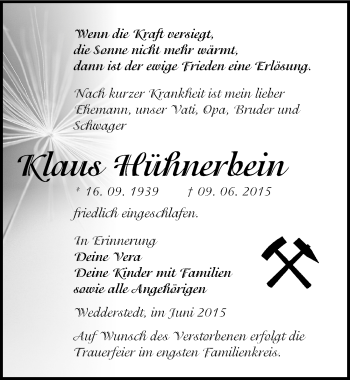 Traueranzeige von Klaus Hühnerbein von Mitteldeutsche Zeitung Aschersleben