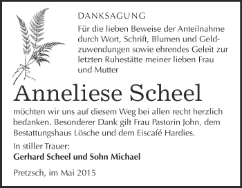 Traueranzeige von Anneliese Scheel von WVG - Wochenspiegel Wittenberg