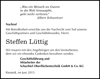 Traueranzeige von Steffen Lüttig von Mitteldeutsche Zeitung Sangerhausen