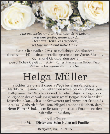 Traueranzeige von Helga Müller von WVG - Wochenspiegel Wittenberg