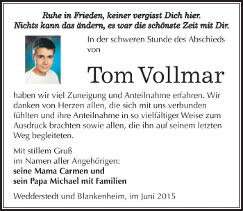 Traueranzeige von Tom Vollmar von Mitteldeutsche Zeitung Mansfelder Land
