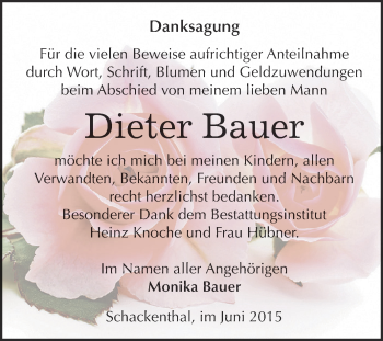 Traueranzeige von Dieter Bauer von Super Sonntag Aschersleben