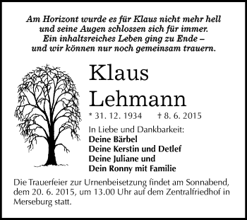Traueranzeige von Klaus Lehmann von WVG - Wochenspiegel Merseburg
