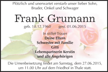 Traueranzeige von Frank Grumann von WVG - Wochenspiegel Quedlinburg