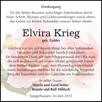 Traueranzeige von Elvira Krieg von Super Sonntag SGH Mansf. Land