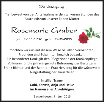 Traueranzeige von Rosemarie Gruber von Mitteldeutsche Zeitung Sangerhausen