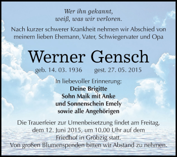 Traueranzeige von Werner Gensch von WVG - Wochenspiegel Dessau / Köthen