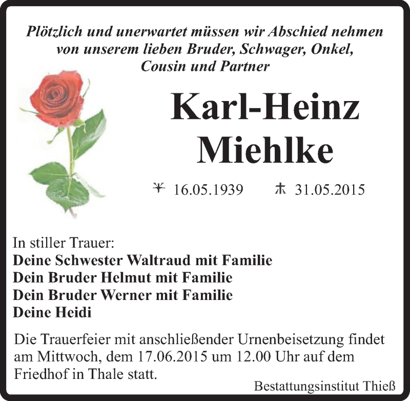  Traueranzeige für Karl-Heinz Miehlke vom 06.06.2015 aus Mitteldeutsche Zeitung Quedlinburg