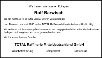 Traueranzeige von Rolf Barwisch von Mitteldeutsche Zeitung