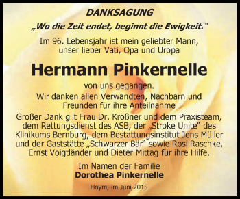 Traueranzeige von Hermann Pinkernelle von Super Sonntag Aschersleben