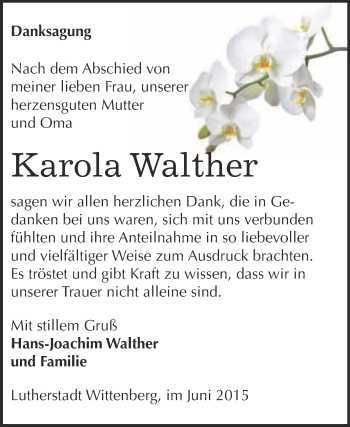 Traueranzeige von Karola Walther von Super Sonntag Wittenberg